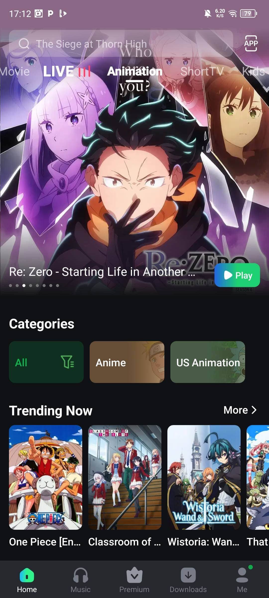 MovieBox animation interface with anime categories and trending content