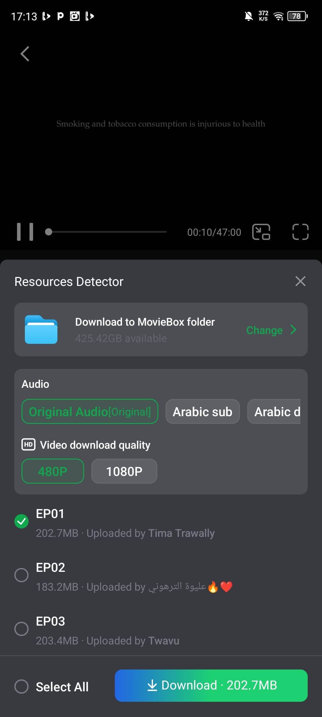 MovieBox resource detector screen with episode and quality selection