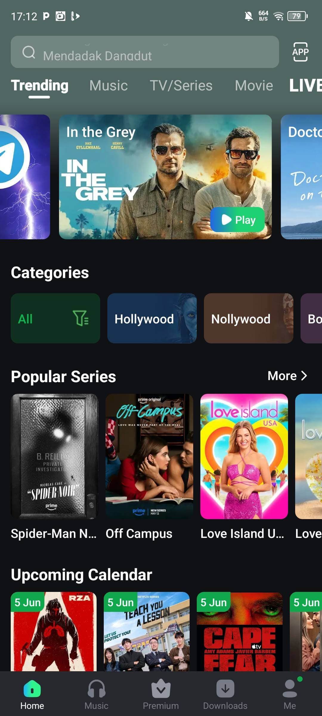 MovieBox movie browsing interface with trending content and categories